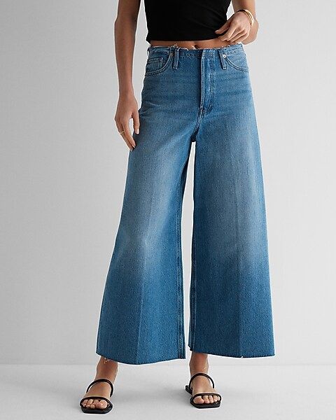 High Waisted Raw Waistband Wide Leg Ankle Jeans | Express