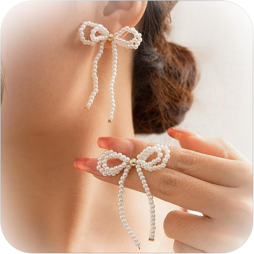 Pearl Bow Earrings for Women Elegant Bow Pearl Earrings Trendy Pearl Bow Knot Stud Earrings Pearl... | Amazon (US)