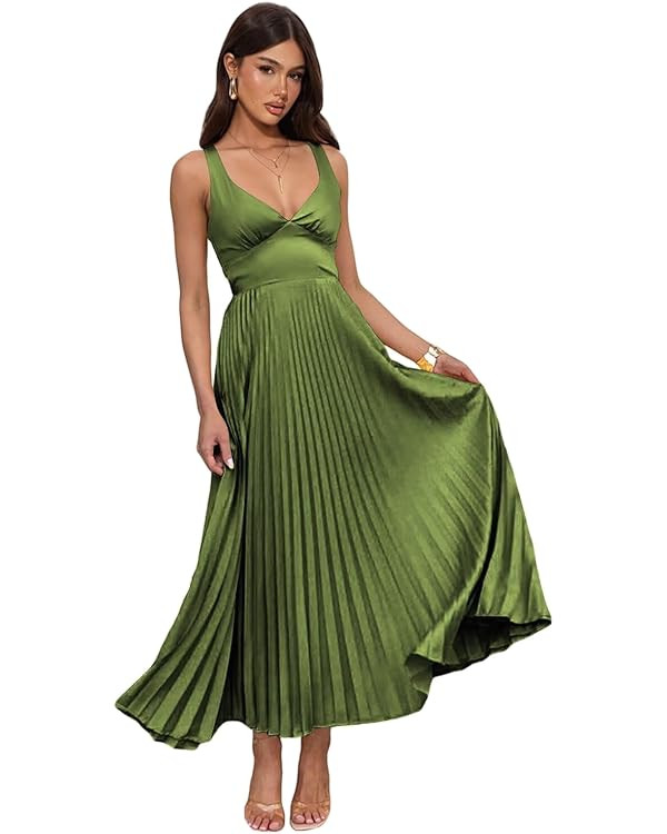 V Neck Bridesmaid Dress Satin Ruffle Corset A Line Maxi Casual Formal Evening Dresses XOD0489 | Amazon (US)