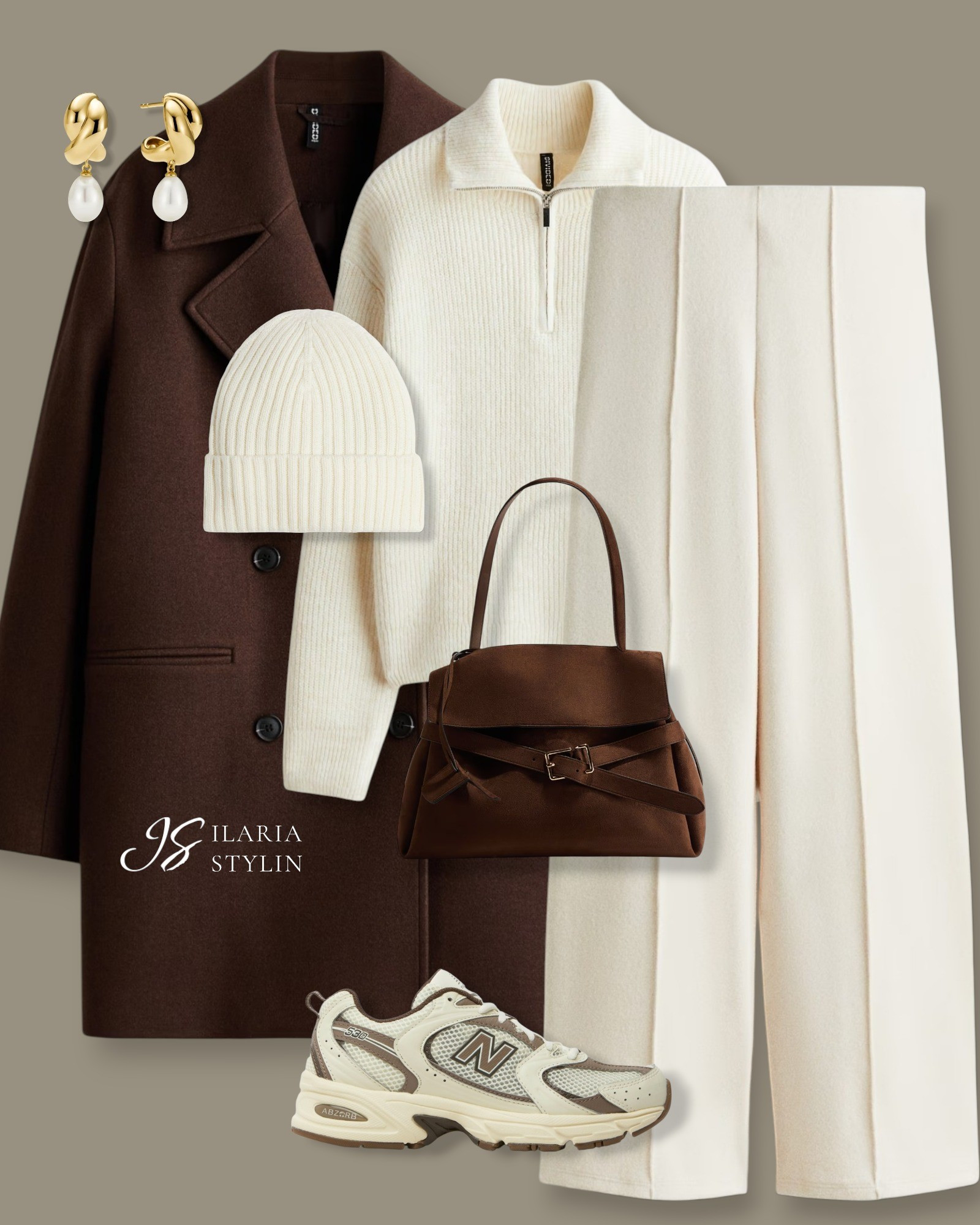 OUTFIT IDEAS: BROWN & CREAM 🤎🤍winter outfit, brown coat, double-breasted coat, white sweater, cream sweater, half-zip sweater, white pants, cream pants, wide leg pants, white beanie, cream beanie, ribbed beanie, dark brown bag, napped bag, hanndbag, new balance 530, brown new balance 530, casual outfit, casual chic outfit

#LTKSeasonal #LTKootd #LTKU
