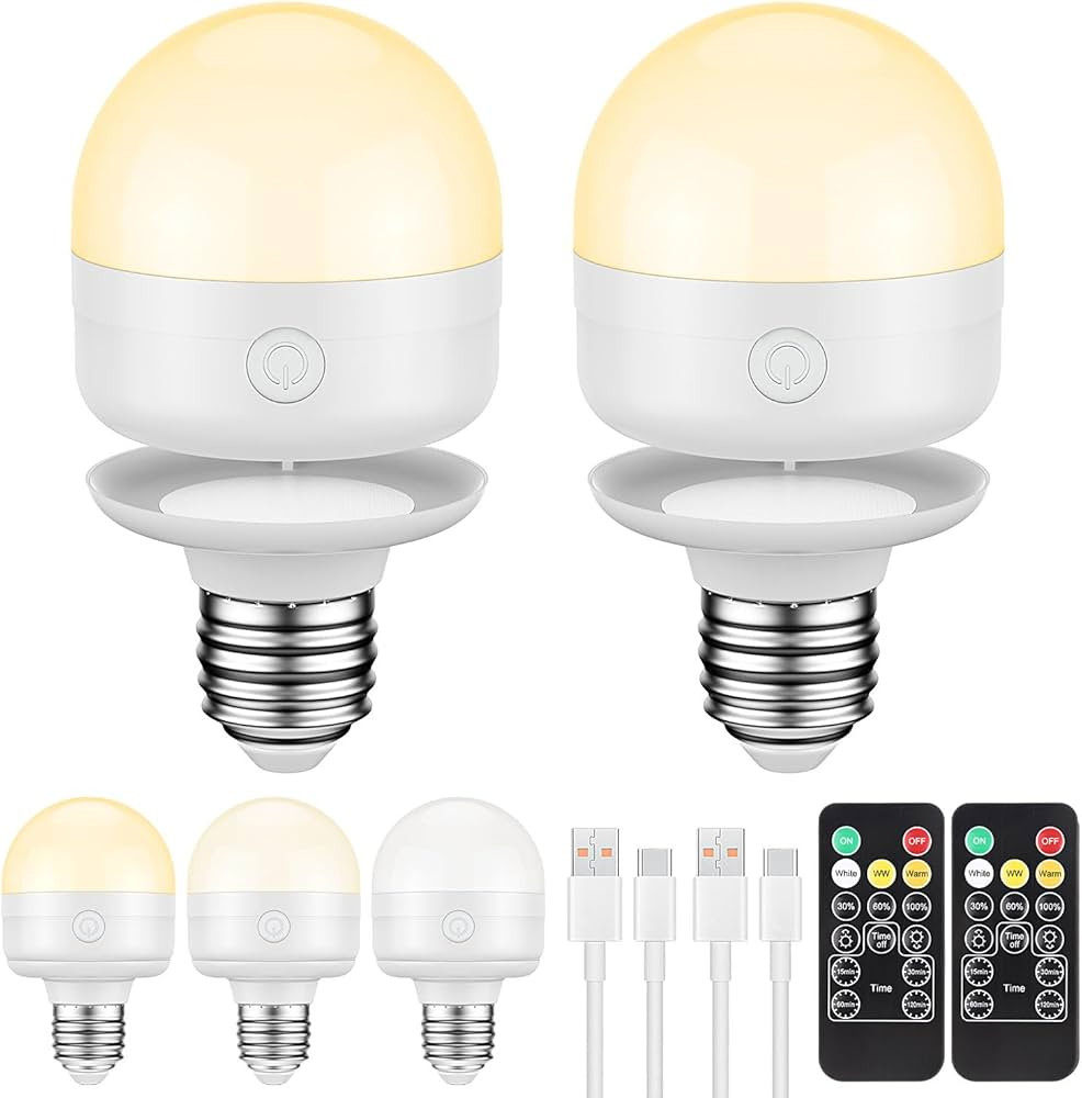 SCOPOW 2Packs E26 Rechargeable Light Bulbs with Remote Control Timer and 3 Color Temperature Magn... | Amazon (US)