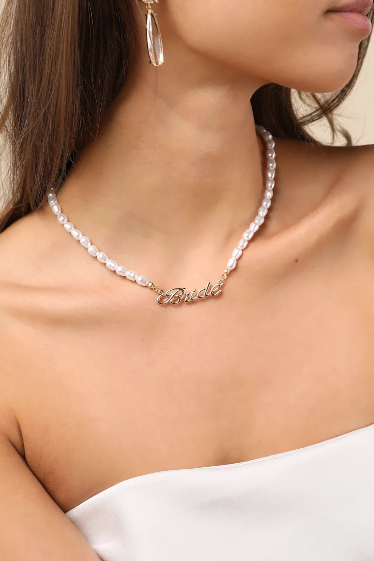 Destined Shine Gold Pearl Bride Script Necklace | Lulus