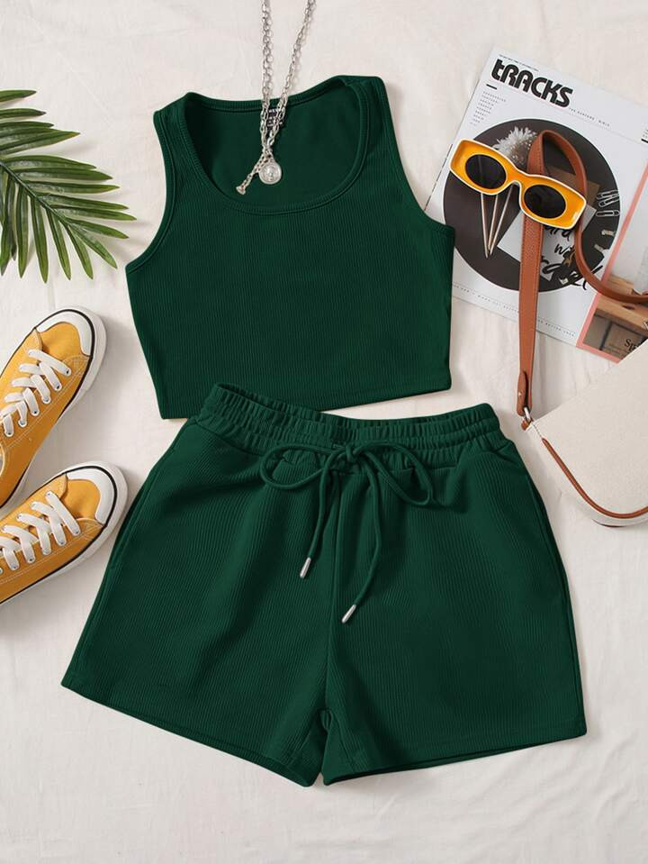 SHEIN EZwear Plus Solid Tank Top & Track Shorts Set | SHEIN