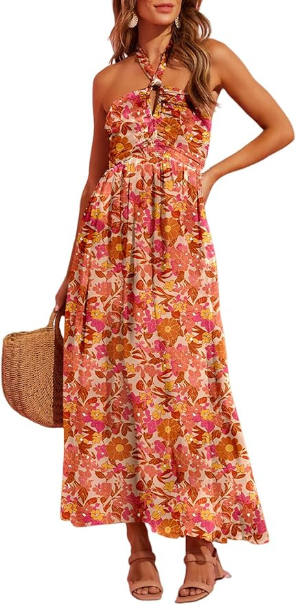 Dokotoo Women's Summer Dresses Halter Neck Sleeveless Backless Flowy A Line Boho Maxi Dress | Amazon (US)