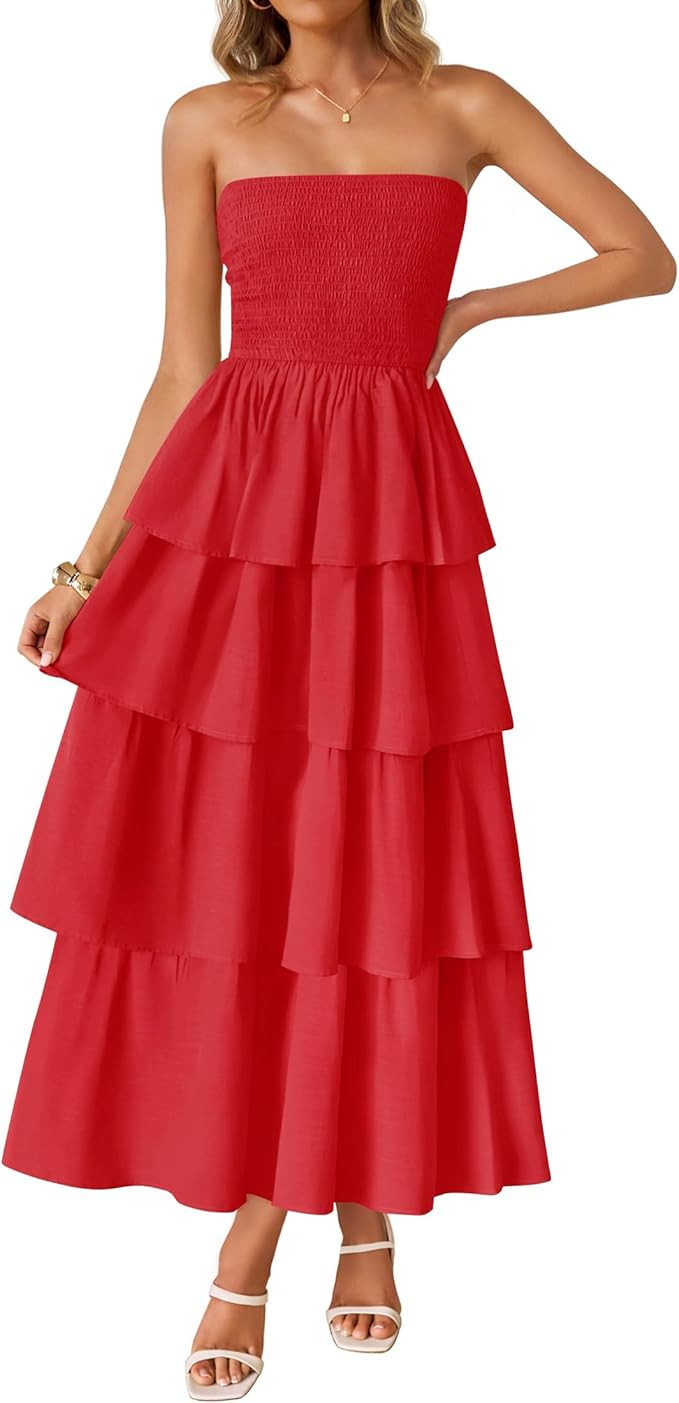 ZESICA Women‘s Summer Boho Strapless Maxi Dress 2026 Casual Sleeveless Off Shoulder Smocked Tie... | Amazon (US)