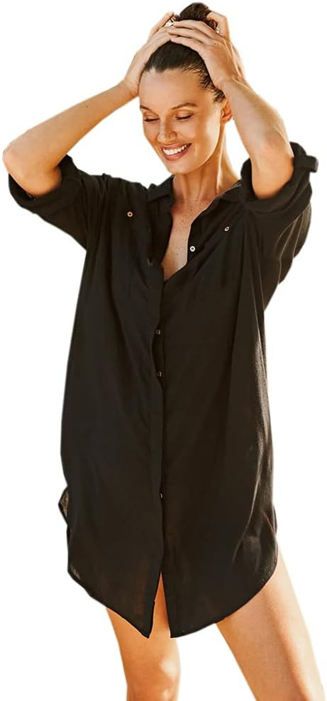 Women Sexy Vogue Button Down Shirts Crinkle Chiffon Bathing Suit Cover up Beachwear | Amazon (US)