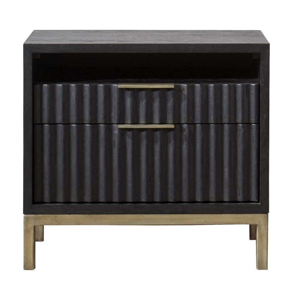 Benjara Wood and Metal 2-Drawer Black and Brass Nightstand with Scalloped Drawer Fronts 16 in. L ... | The Home Depot