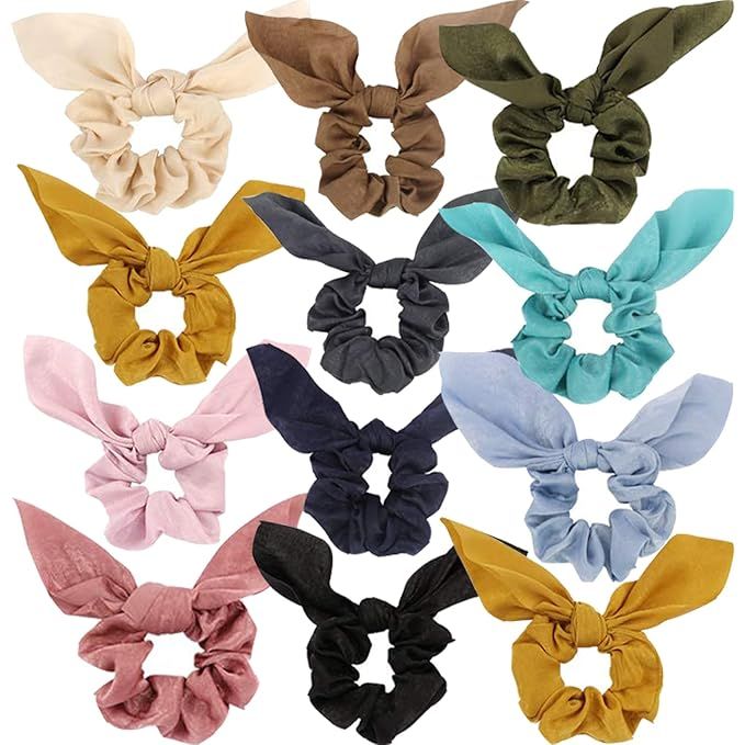 Ondder 12 Pack Bow Scrunchies for Hair Bunny Ear Scrunchie Satin Solid Color Scrunchies with Bowk... | Amazon (US)