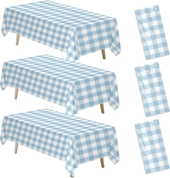 Light Blue Gingham Party Tablecloth Decorations, 3 Pack Blue Checkered Disposable Plaid Party Sup... | Amazon (US)