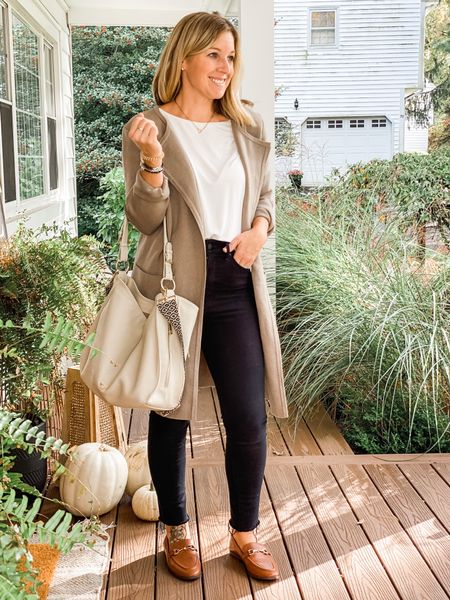 Causal Fall Outfit 
Everything is tts! 
Business casual, light jacket, Coatigan, black jeans, white tee, neutral outfit, satchel bag, loafers , horse bit, raw hem

#LTKitbag #LTKunder50 #LTKstyletip