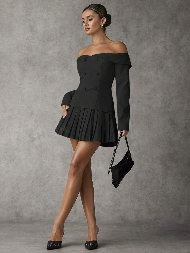 SHEIN BAE Women Off-Shoulder Pleated Solid Color Dress Fall Wedding Guest Dress Winter Women Dres... | SHEIN