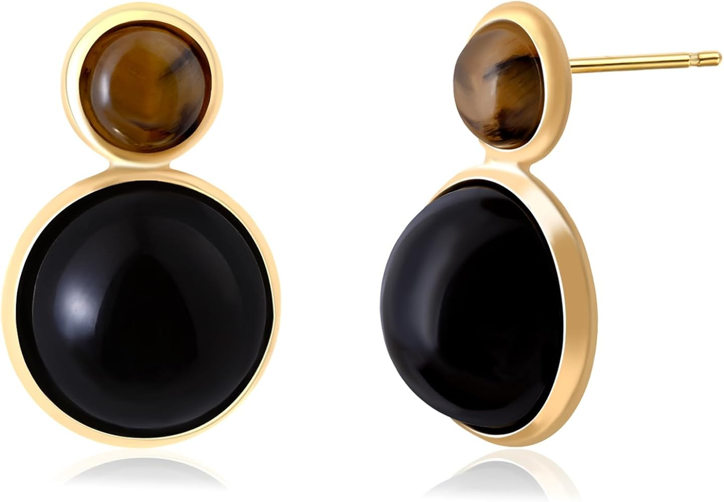 14K Gold Plated Natural Tiger Eye Stone Obsidian Stud Earrings Double Round Earrrings for Women B... | Amazon (US)