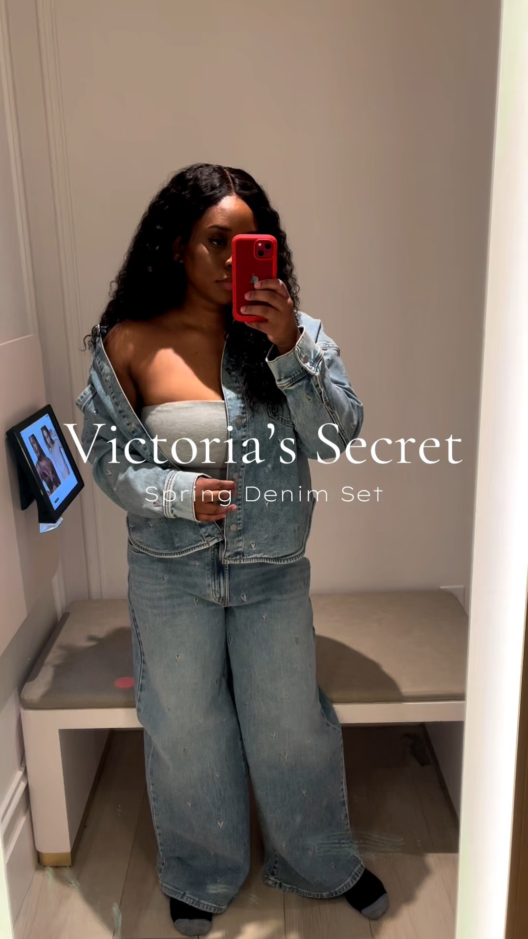 @Victoria's Secret spring denim set featuring embroidered heart denim shacket and matching wide leg jeans. Styled with a gray cotton tube top for the perfect transitional spring outfit. Comfortable, flattering, and mom-friendly.

Perfect if you’re looking for:
• wide leg denim outfit
• spring denim set
• casual mom style
• dressing room try-on finds

Shop all pieces here.

#LTKmomlife #LTKMidsize #LTKootd