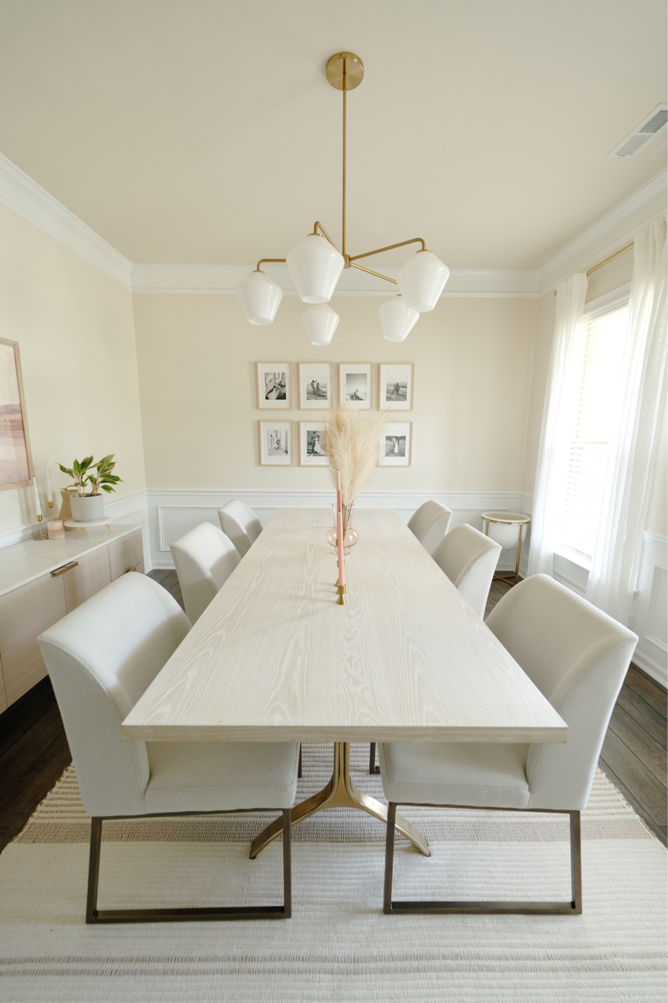 Bright airy dining space! Whitewashed dining table, modern gold chandelier, cream upholstered chairs. 

#LTKsalealert #LTKhome