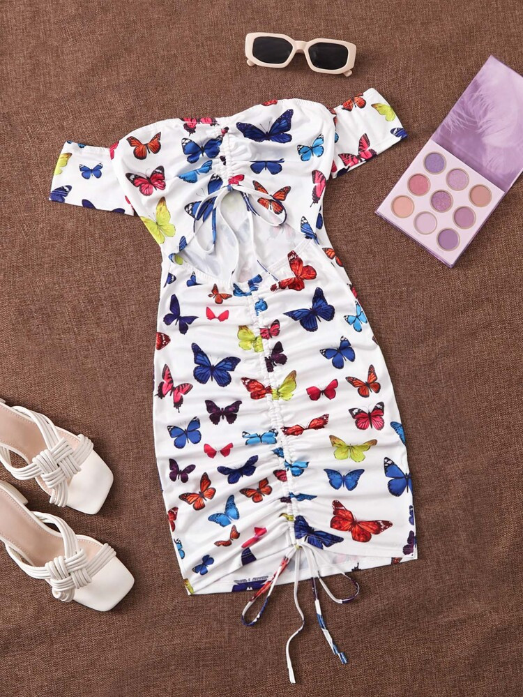 SHEIN Allover Butterfly Print Off Shoulder Cutout Drawstring Ruched Front Dress | SHEIN