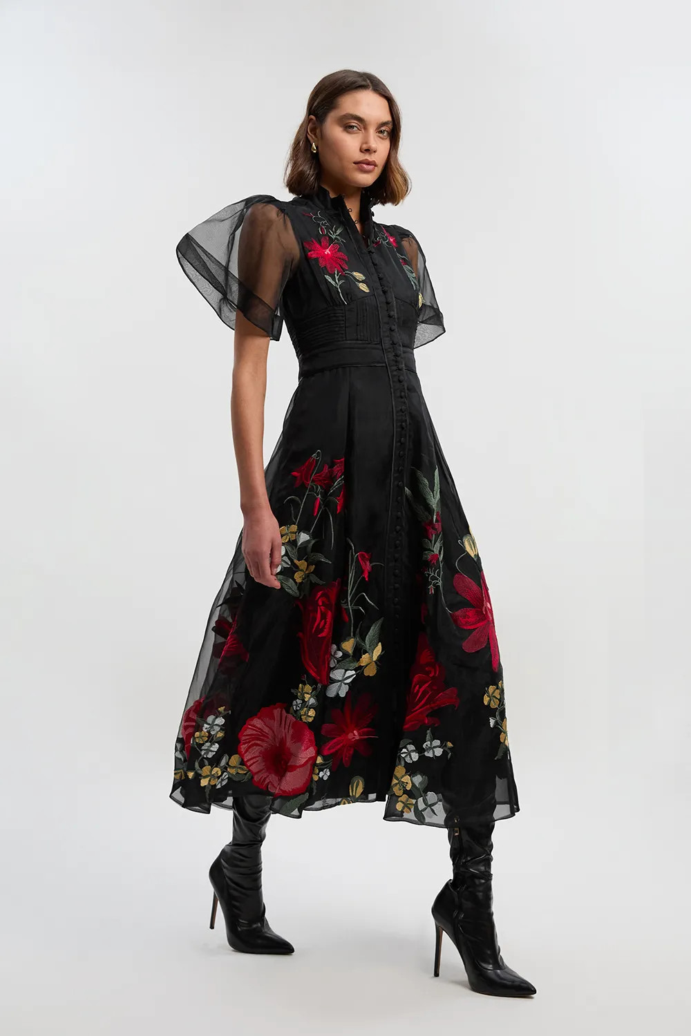 Dresses | Botanical Embroidery Organdie Angel Sleeve Midi Dress | KarenMillen | Karen Millen UK + IE + DE + NL