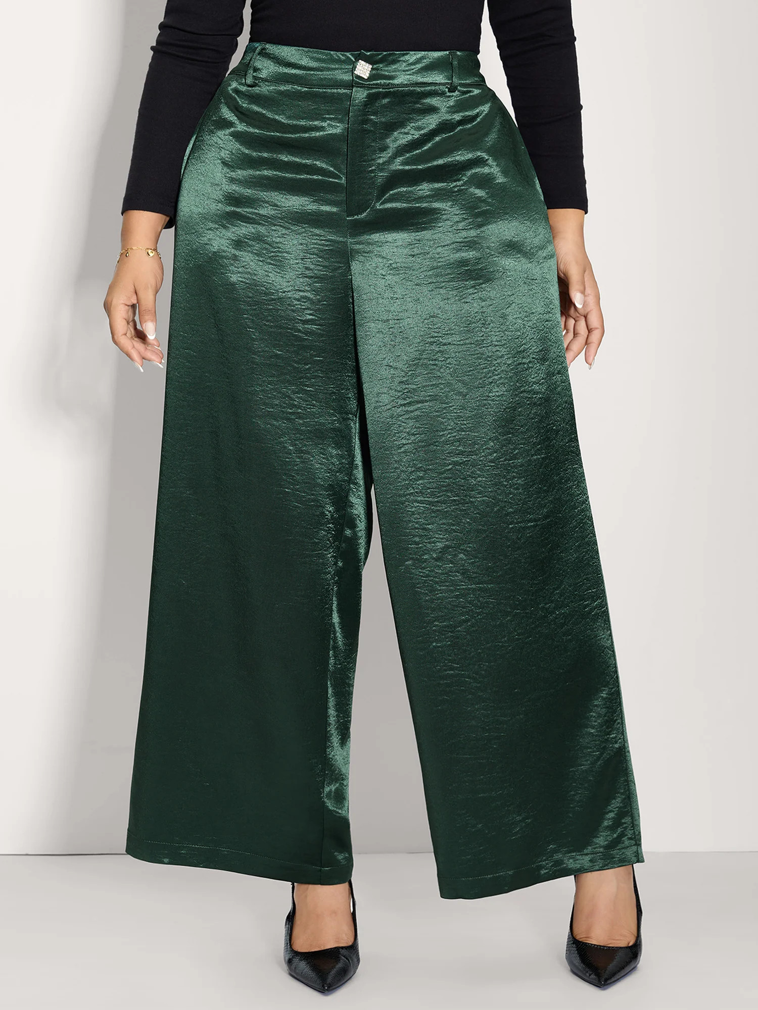 Satin Button Detail Straight-Leg Pants | Bloomchic
