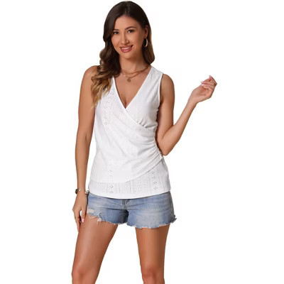 INSPIRE CHIC Women's Deep V Neck Sleeveless Wrap Ruched Button Decor Causal Tops White X-Small | Target