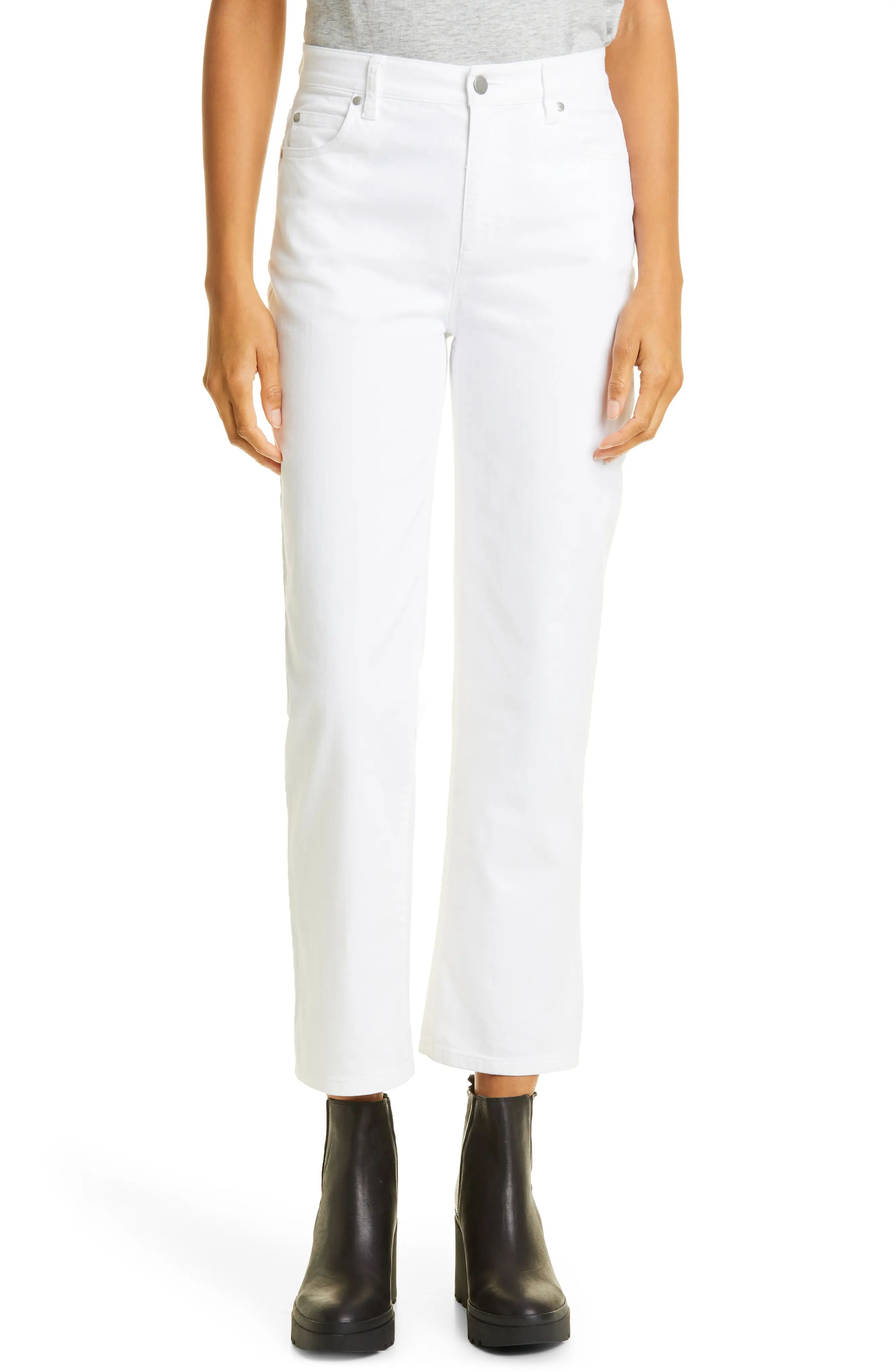 Eileen Fisher High Waist Stretch Organic Cotton Pants in White at Nordstrom, Size 4 | Nordstrom
