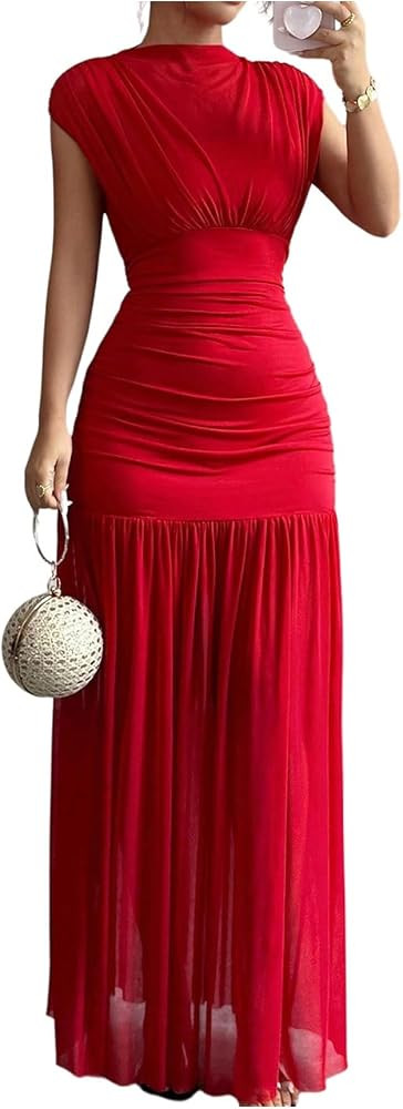Women's Summer Ruched Bodycon Dress Formal Mesh Mock Neck Sleeveless Maxi Evening Party Prom Dres... | Amazon (US)