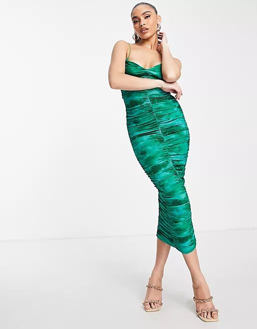 ASOS DESIGN cami strappy midi dress with ruched detail in green tie dye print | ASOS (Global)