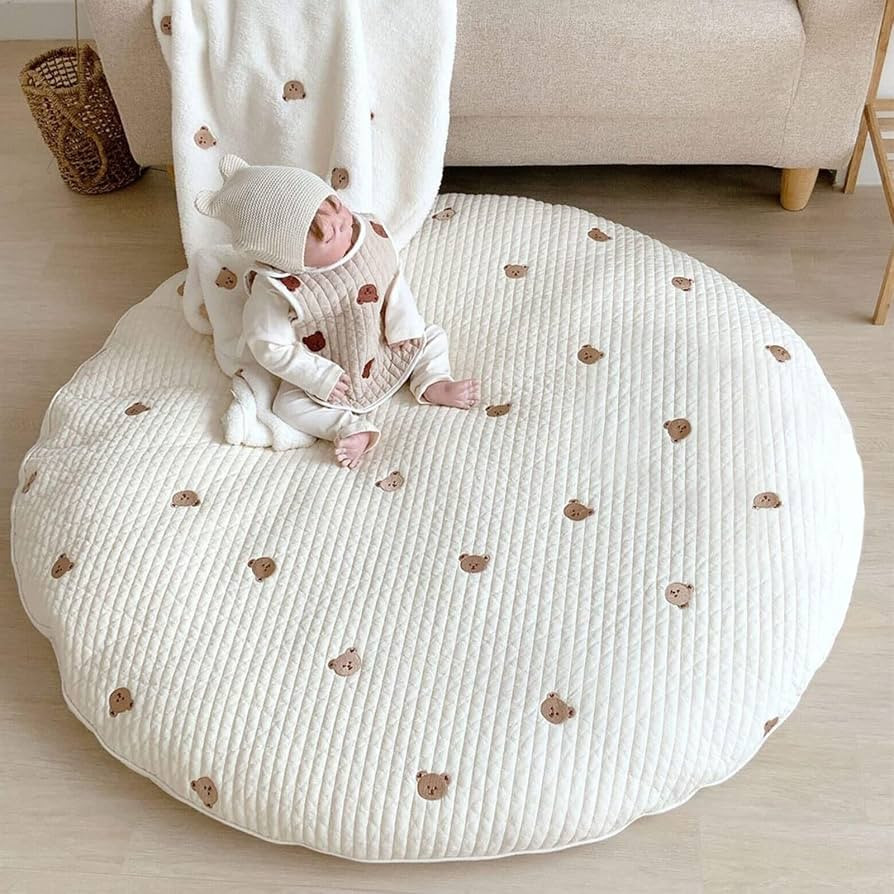 Baby White Bear Embroidered Play Mats, 33.5" Cotton Crawling Mat, Detachable Washable Floor Mat S... | Amazon (US)