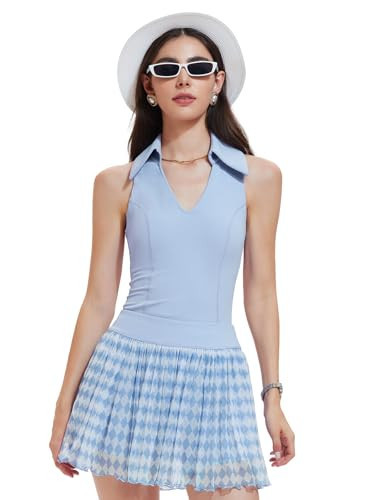 Women's 2 Piece Tennis Skirt Set Collared V Neck Padded Racerback Top & Pleated Skort with 4 Pockets Golf Pickleball Outfit Sky Blue | Amazon (US)
