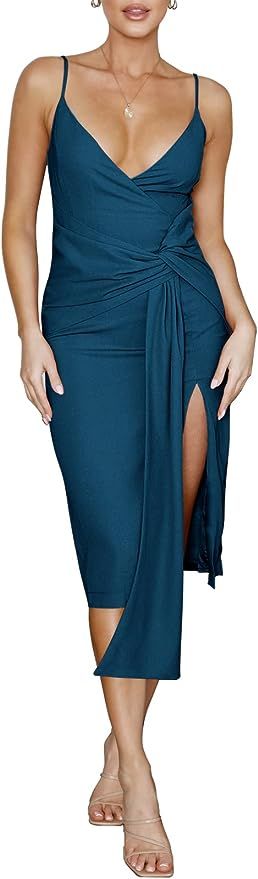 Caracilia Women's Sexy V Neck Spaghetti Strap Sleeveless Ruched Tie Waist Zipper Back Slit Party ... | Amazon (US)