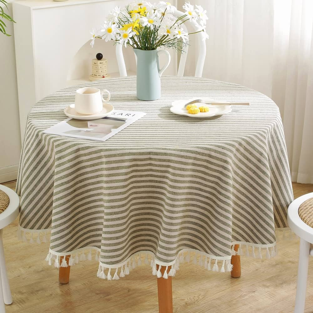 TruDelve Round Tablecloth 60 Inch Cotton Linen Tablecloth Green Striped Tablecloth with Tassels B... | Amazon (US)