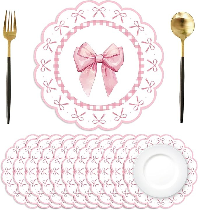50 Pcs Pink Bow Paper Placemats 13.4 Inch Round Decorative Pink Bow Place Table Mats Disposable P... | Amazon (US)