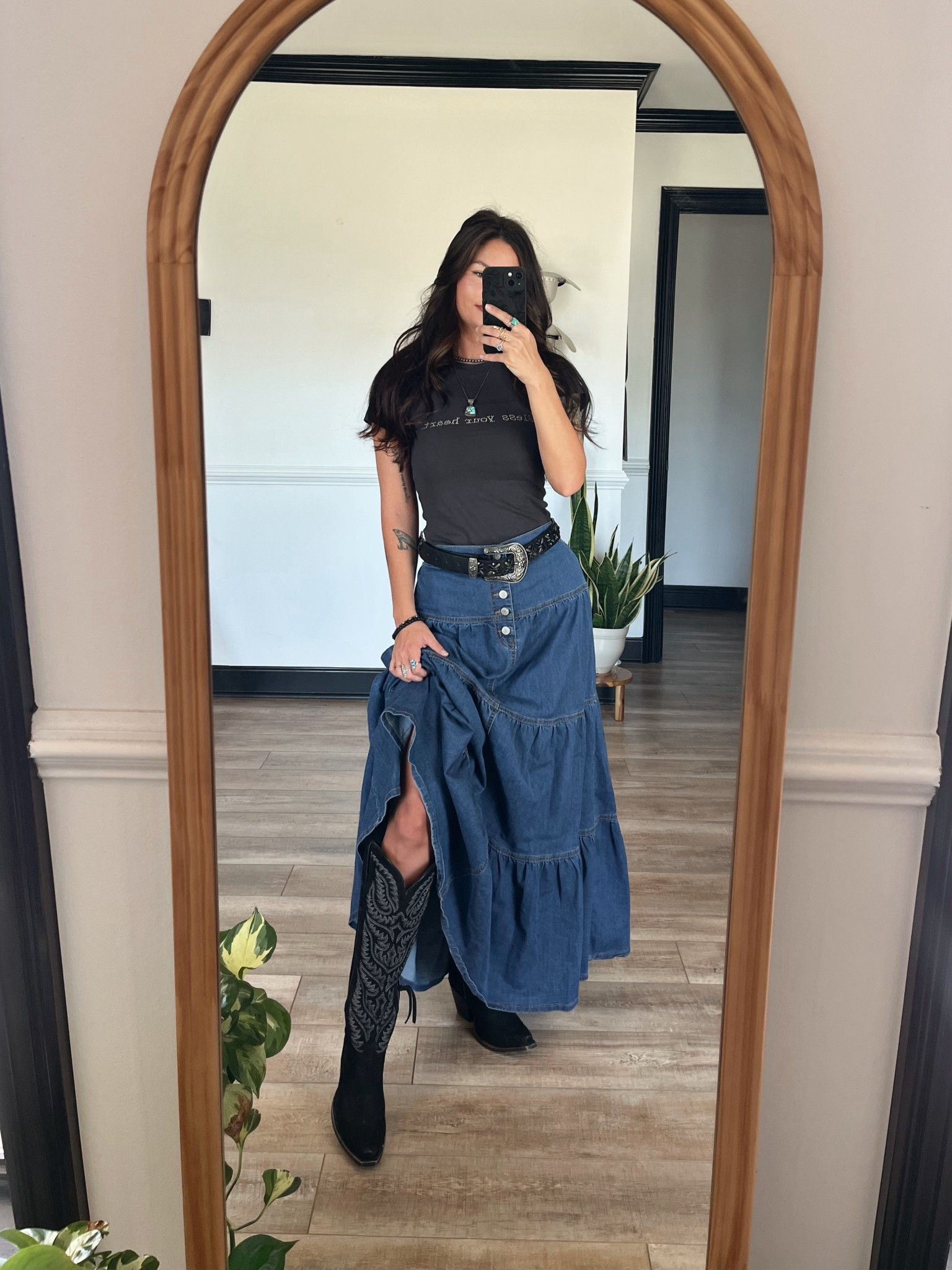 Black rhinestone fitted graphic “Bless Your Heart” paired with maxi denim skirt and black western boots! Wearing size xs

#LTKootd #LTKPetite #LTKSeasonal