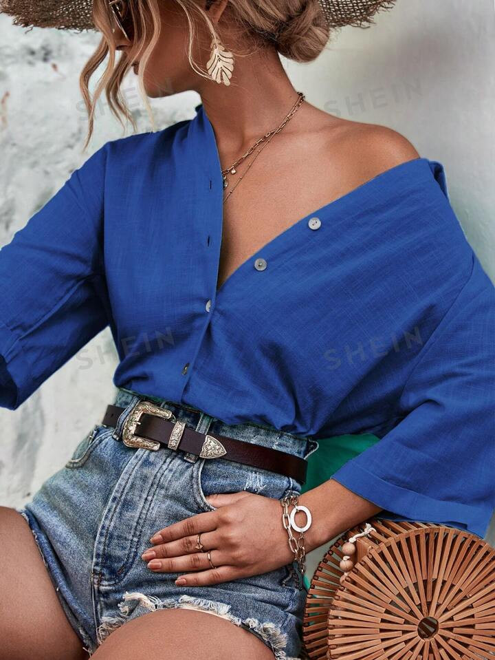 SHEIN VCAY Solid Button Front Shirt | SHEIN