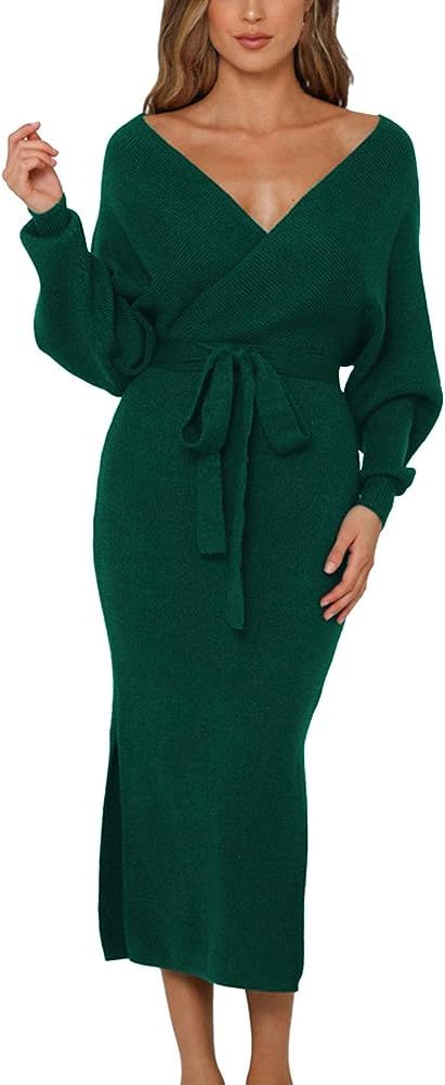 Viottiset Women's V Neck Long Batwing Sleeve Wrap Midi Knit Sweater Dress Elegant Backless with B... | Amazon (US)