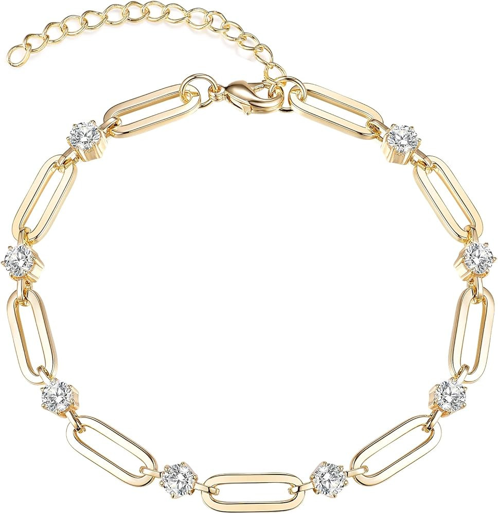 Gold-Plated Paperclip Bracelet for Women Couple Bracelets with CZ Chain Strand Jewelry Gift for M... | Amazon (US)