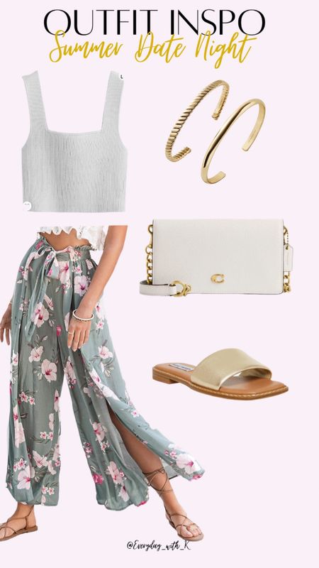 Outfit Inspo: Summer Date Night Outfit: Palazzo Pants, Crop Too, bracelet stack, crossbody, and slides  

#LTKunder50 #LTKstyletip #LTKFind