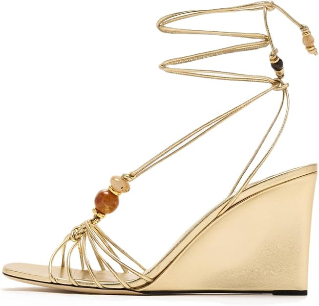 Strappy Wedge Sandals for Women | Beaded Wrap Around Lace-Up Heels Square Toe Ankle Strap 3.3-Inc... | Amazon (US)
