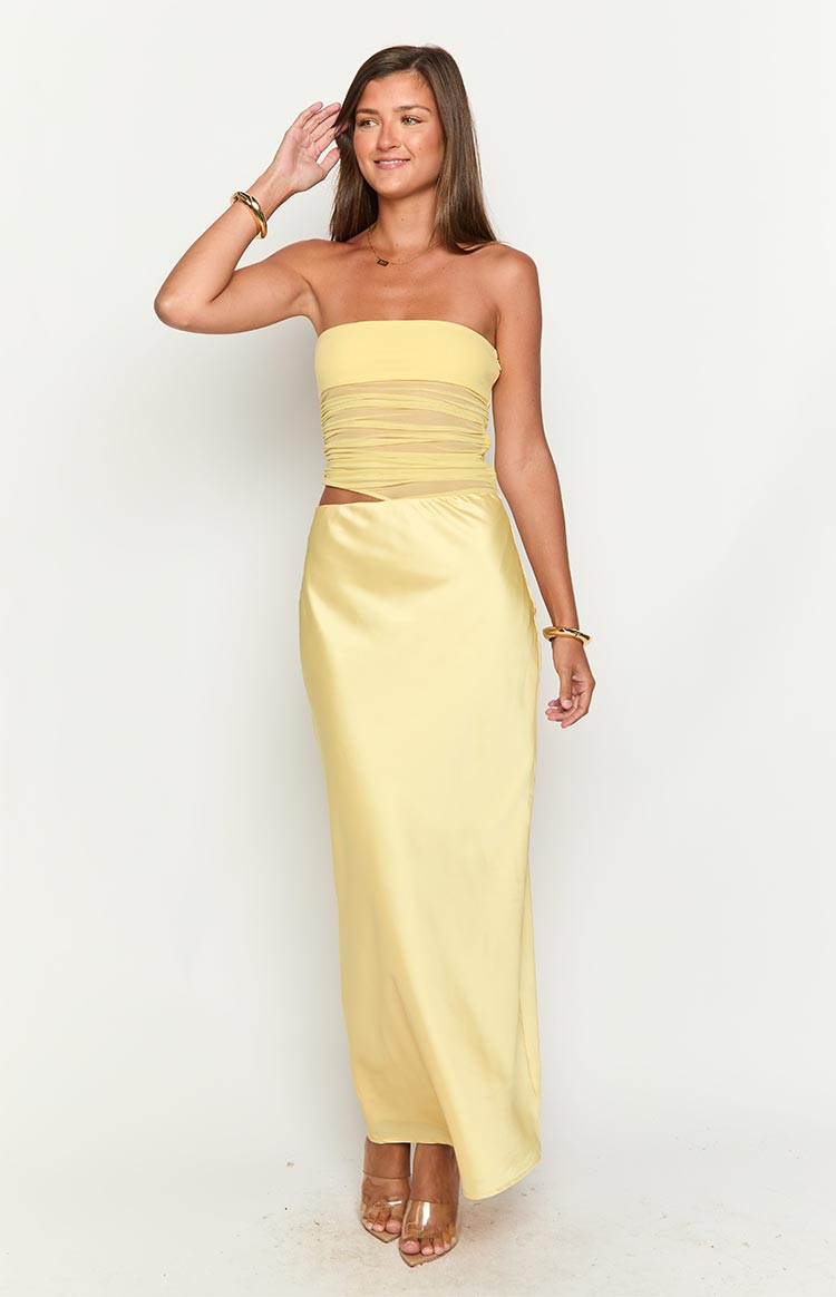 Elinor Yellow Satin Maxi Dress | Beginning Boutique (AU)