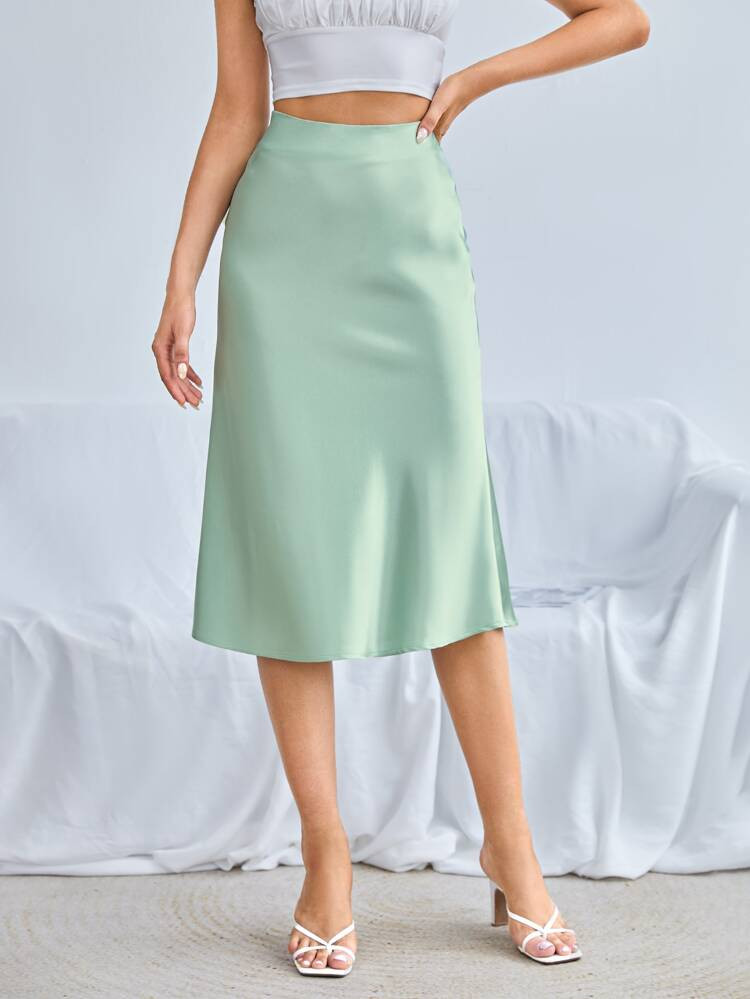 SHEIN BAE Zipper Side Solid Satin Skirt | SHEIN