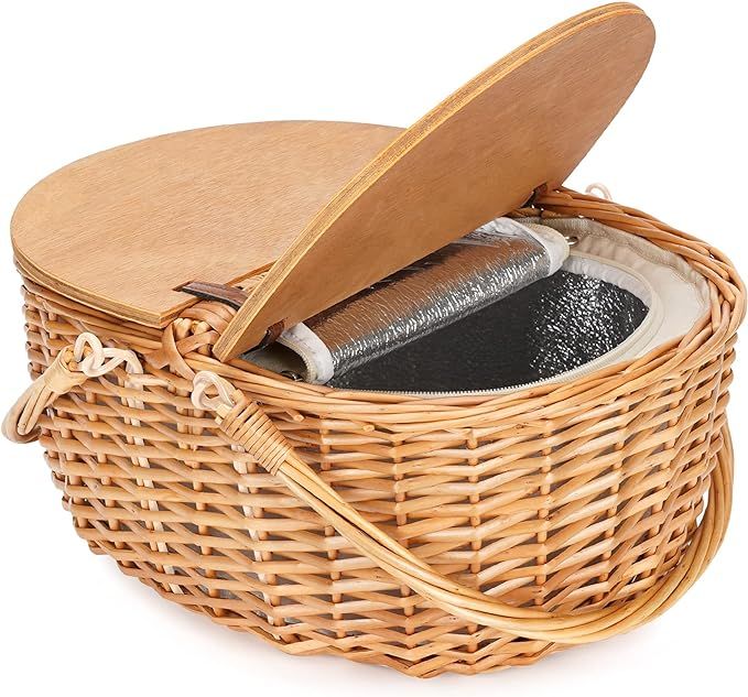 Wicker Picnic Basket with Cooler, Wooden Split Lid Picnic Basket, Vintage-Style Wicker Picnic Ham... | Amazon (US)