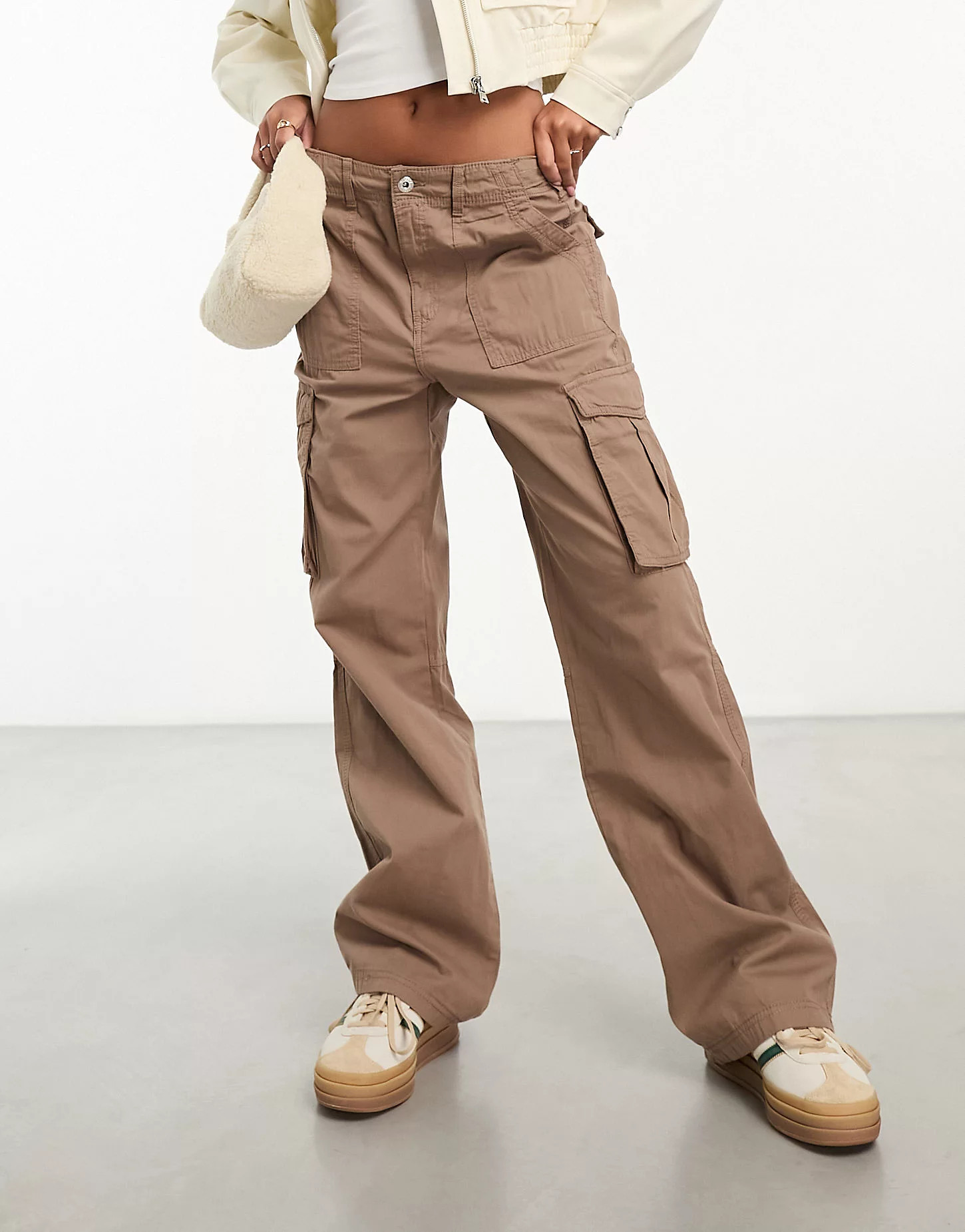 Bershka straight leg cargo trousers in washed brown | ASOS (Global)