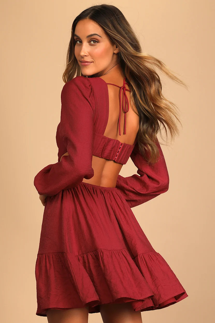 Splendid Surprise Red Long Sleeve Cutout Ruffled Mini Dress | Lulus (US)