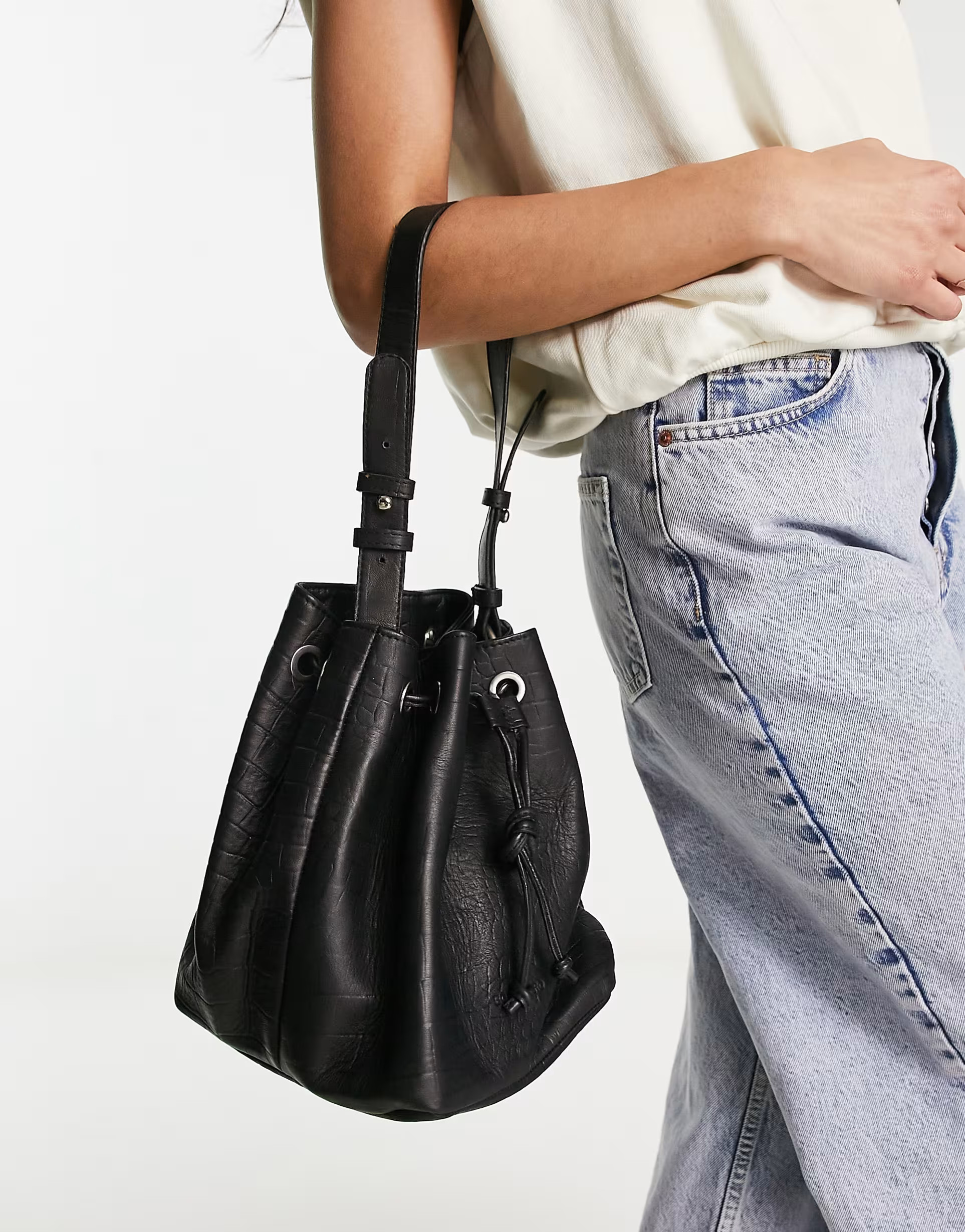 Bolongaro Trevor mock croc leather bucket bag in black | ASOS (Global)