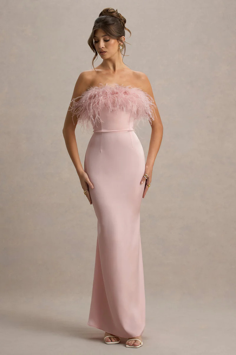 Dress For It  Pale Pink Satin Feather Trim Bandeau Maxi Dress | Club L London