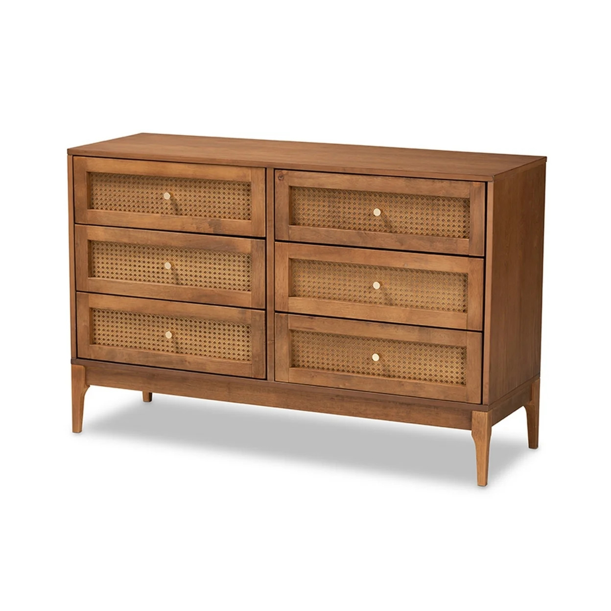 Baxton Studio Ramiel Mid-Century Modern Ash Walnut Finished Wood and Rattan 6-Drawer Dresser | Walmart (US)