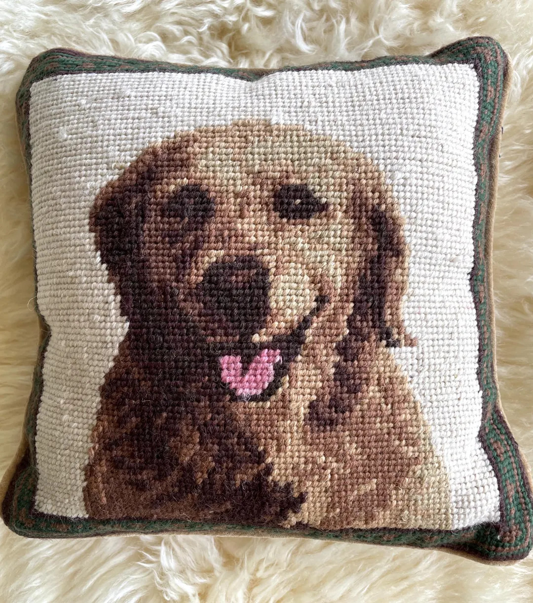 Unused Vintage Small Puppy Pattern Handmade Wool Needlepoint Decorative Cushion Cover and Filling... | Etsy (US)