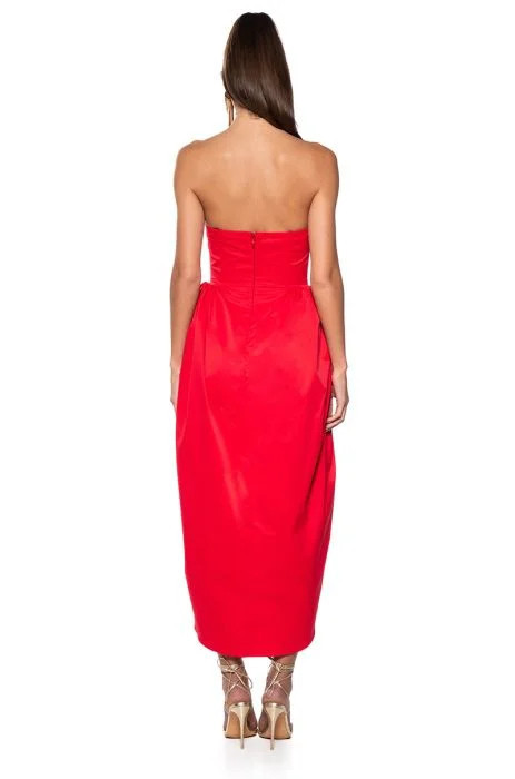 MARISOL STRAPLESS TULIP SKIRT MIDI DRESS IN RED | AKIRA
