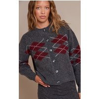 Grey Argyle Button Through Cardigan Sweater | PrettyLittleThing IE