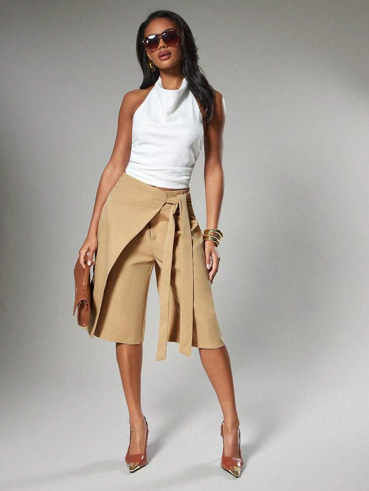 Hauture Women's Sexy Casual Solid Color Tailored Wrap Wide Leg Trousers Bermuda Shorts With Tie Detail | SHEIN