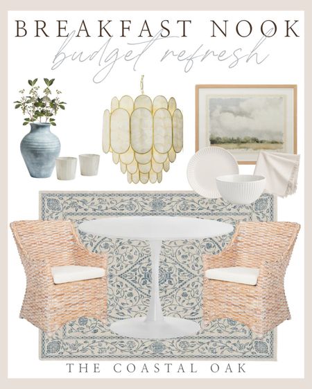 Coastal breakfast nook refresh on a budget 

Serena and lily look for less coastal beach house cottage rattan hyacinth woven chairs dining chair round table white table shell Capiz blue white tan neutral 

#LTKstyletip #LTKhome #LTKsalealert