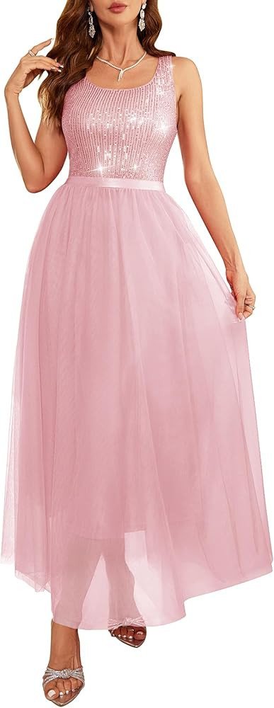 BeryLove Sequin Dress for Woman Vintage A Line Wedding Formal Swing Mesh Dress Sleeveless Cocktai... | Amazon (US)